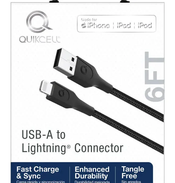 6FT QuikCell Cable USB-A To Lightning. Ultra Durable BRAIDED